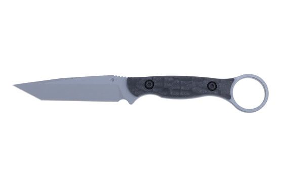 3.75" fixed blade knife with Tanto point and finger ring.